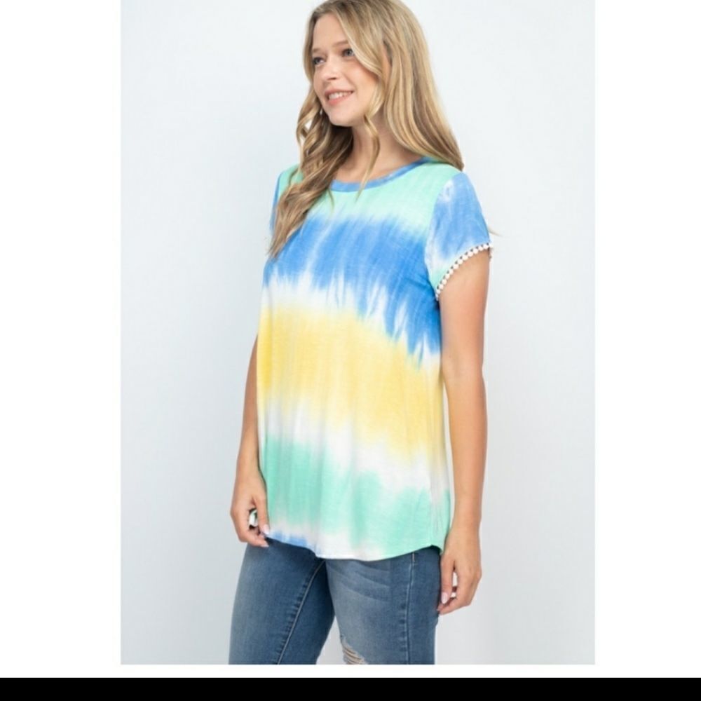 Cute Tie Dyed Tunic Top with Embellished Sleeves White Blue Yellow Green - Picture 5 of 7